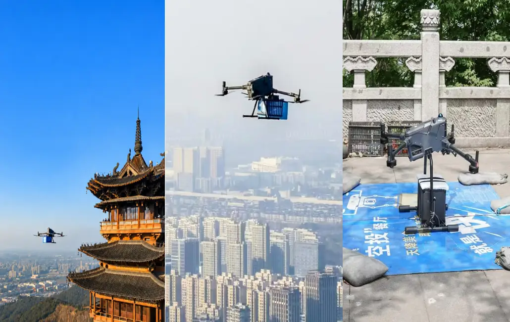 Drone delivery near Wangchen Pavilion in Hangzhou